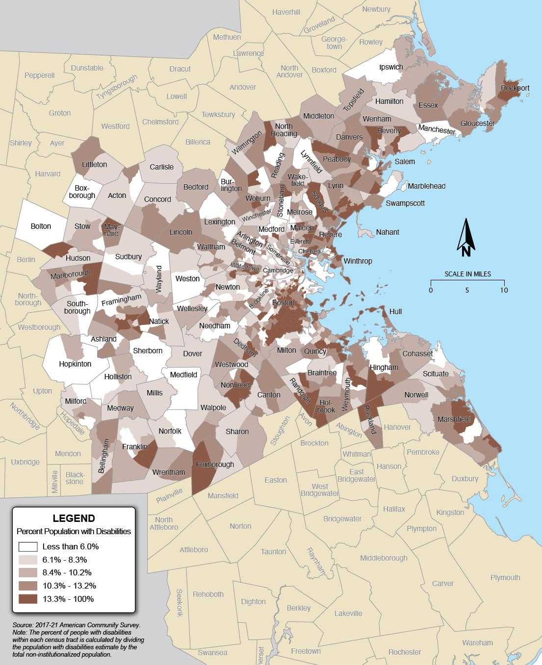 A map showing the percentage of people with disabilities in the Boston Region.